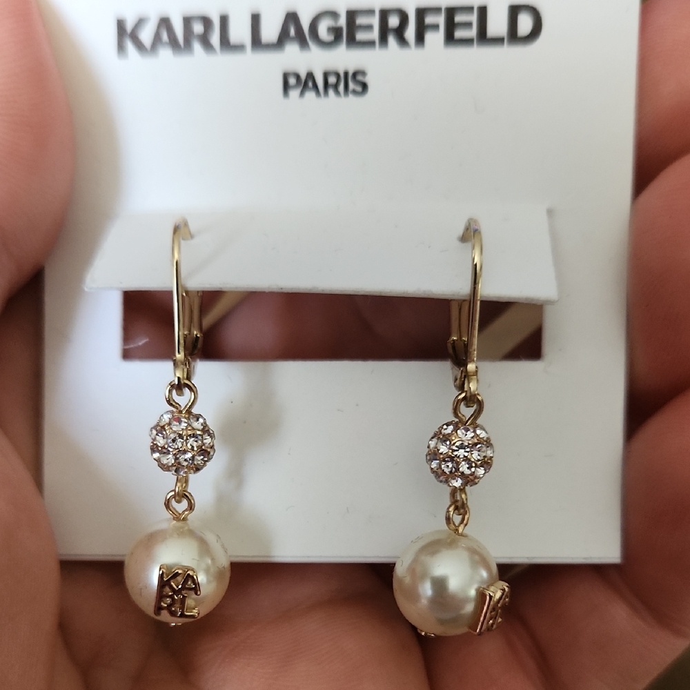 Karl Lagerfeld Gold and Crystal Pearl Earrings
